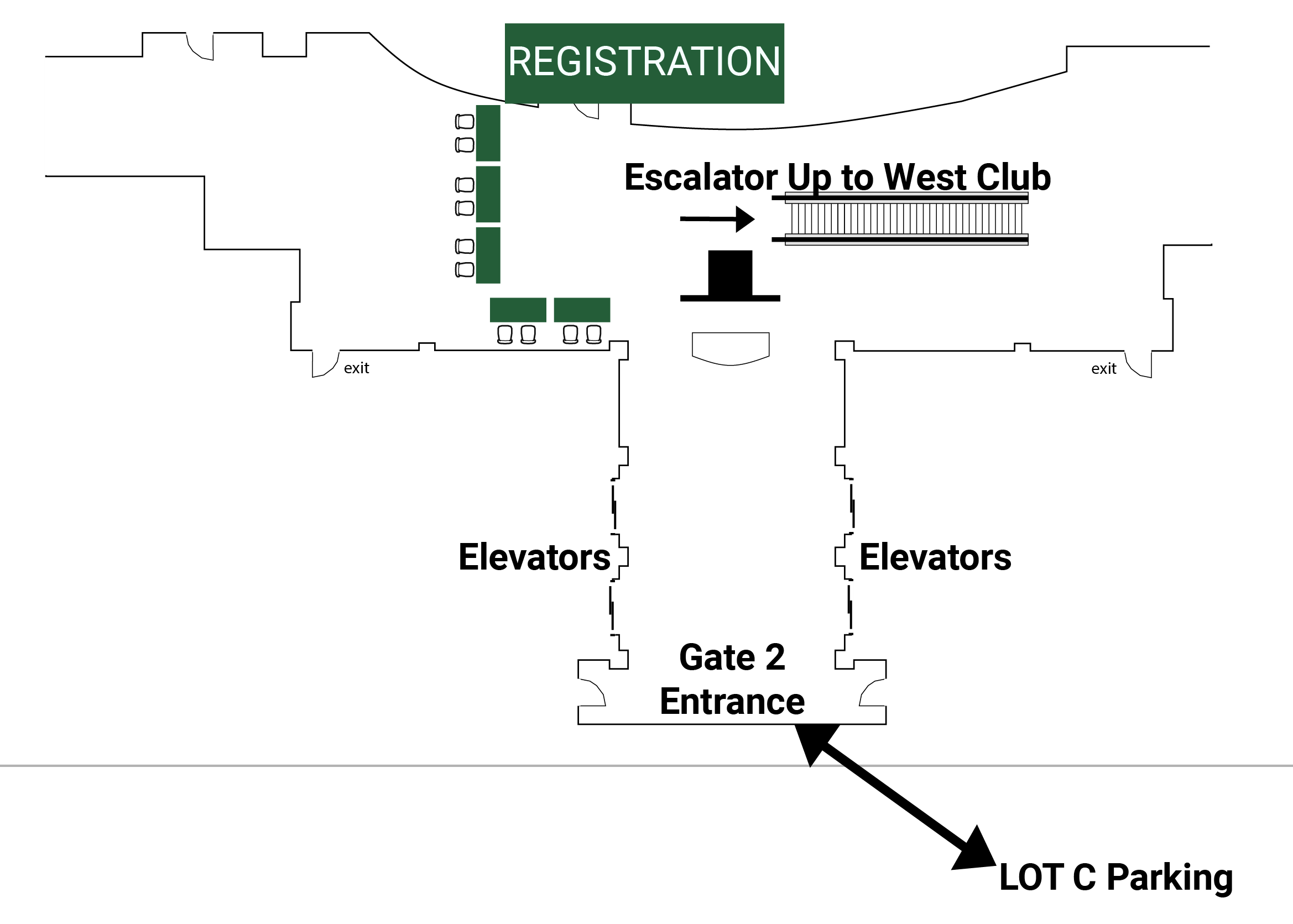 Empower Field at Mile High Gate 2 Entrance Map showing elevators and registration tables