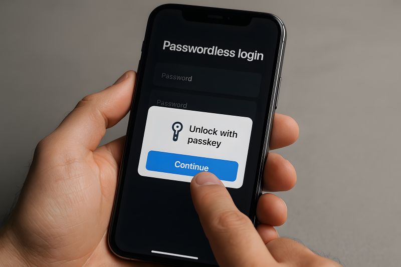 Person holding a mobile phone and logging in with a passkey