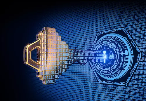 metal key inserted into digital lock with binary code encryption data embedded on each
