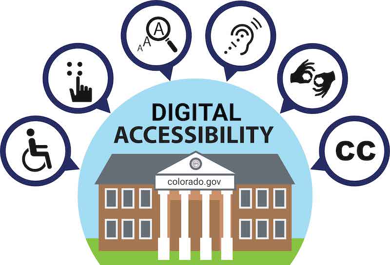 Image of a government building with accessibility icons surrounding it and text reading digital accessibility colorado.gov